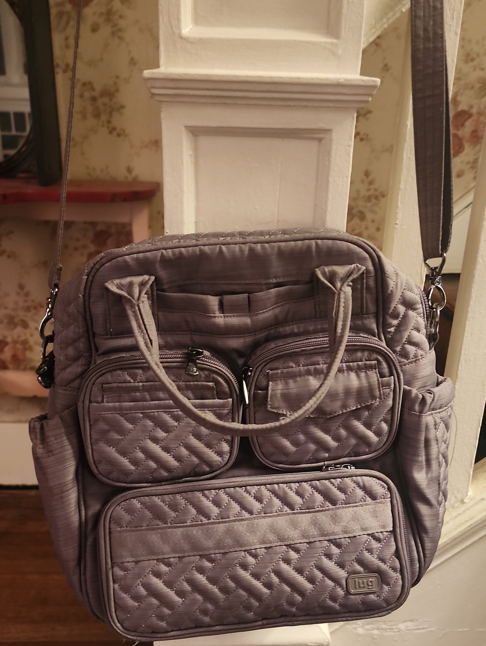 Lug. Mini Puddle Jumper. Light Gray/lav Quilted Tote Bag with Multiple Pockets